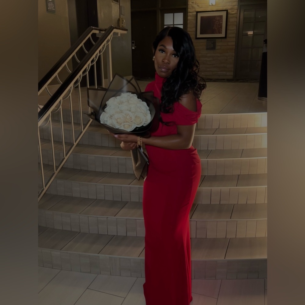 Red evening gown.